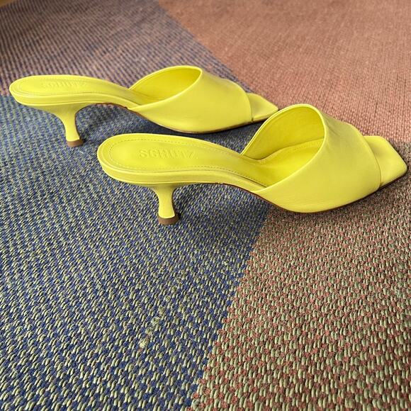 Schutz Dethalia Leather Mules Heels in Citrus Yellow - Picture 5 of 9